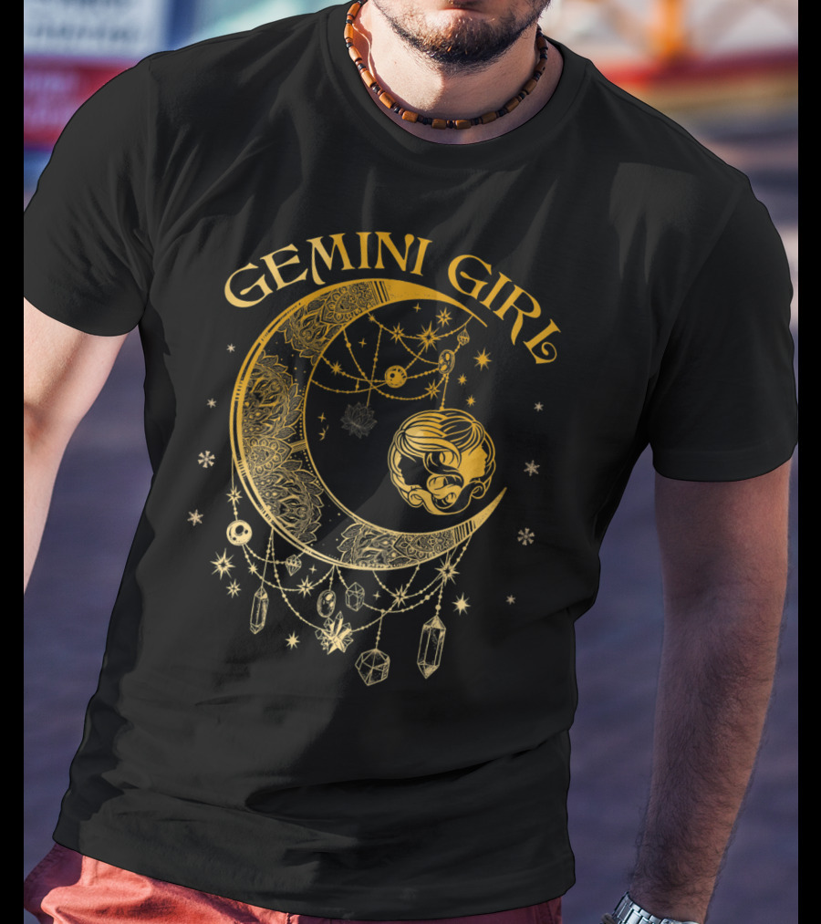 Gemini Girl Zodiac Henna Moon With Crystals And Stars T-Shirt