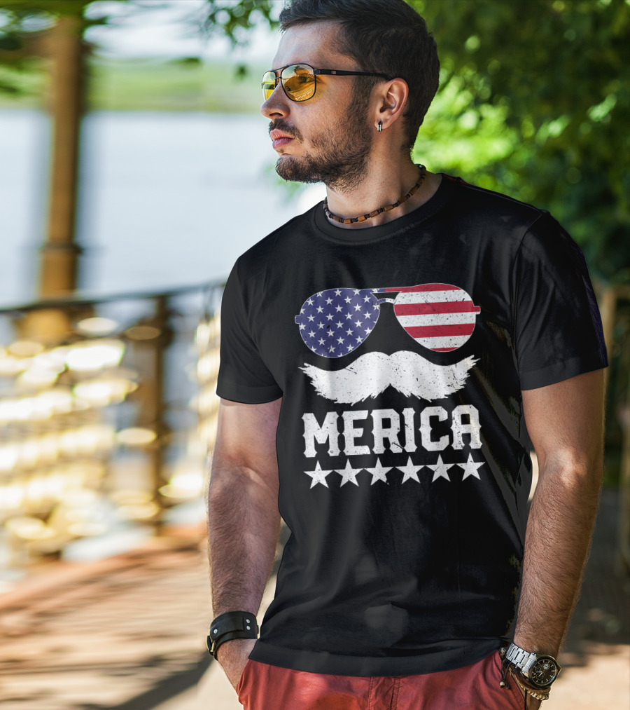 MERICA USA Flag Mustache Sunglasses Stars Independence Day T-Shirt