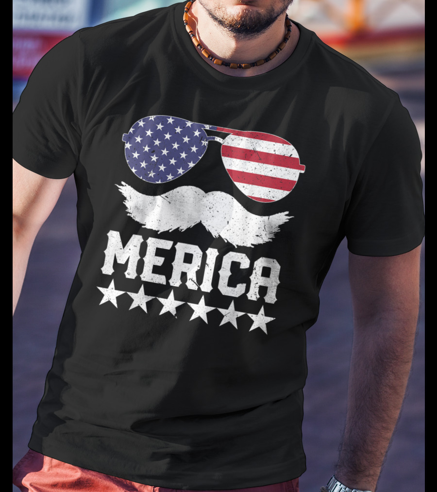 MERICA USA Flag Mustache Sunglasses Stars Independence Day T-Shirt