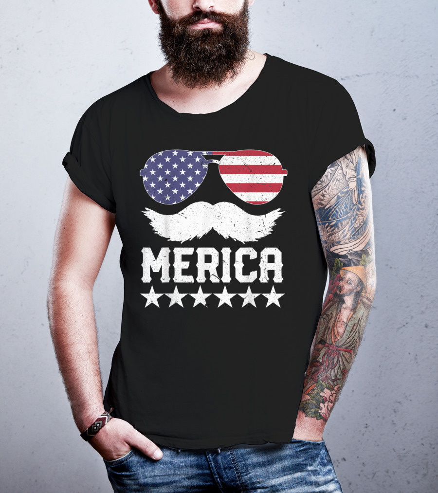 MERICA USA Flag Mustache Sunglasses Stars Independence Day T-Shirt