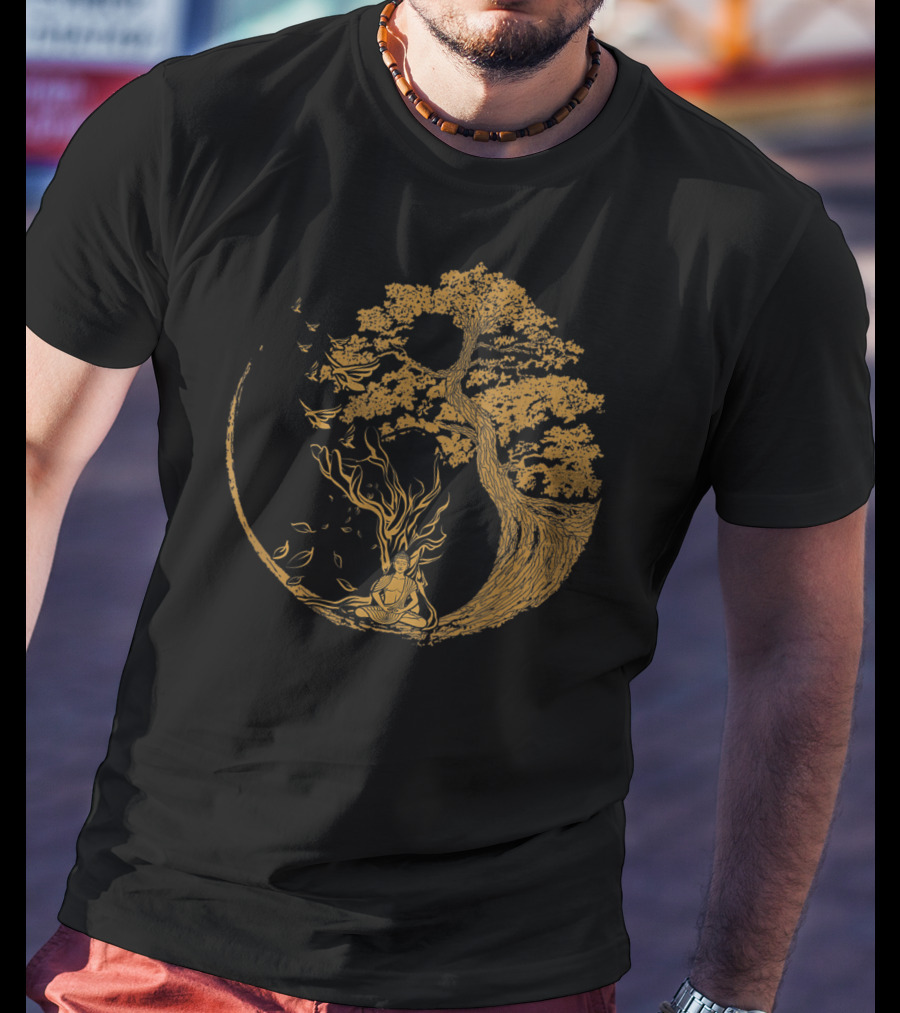 Bonsai Tree And Meditative Buddha Enclosed In Circular T-Shirt