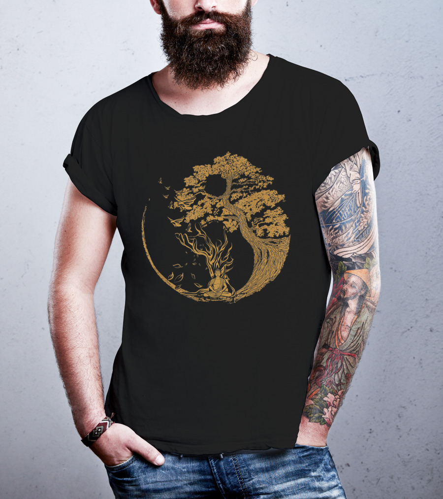 Bonsai Tree And Meditative Buddha Enclosed In Circular T-Shirt