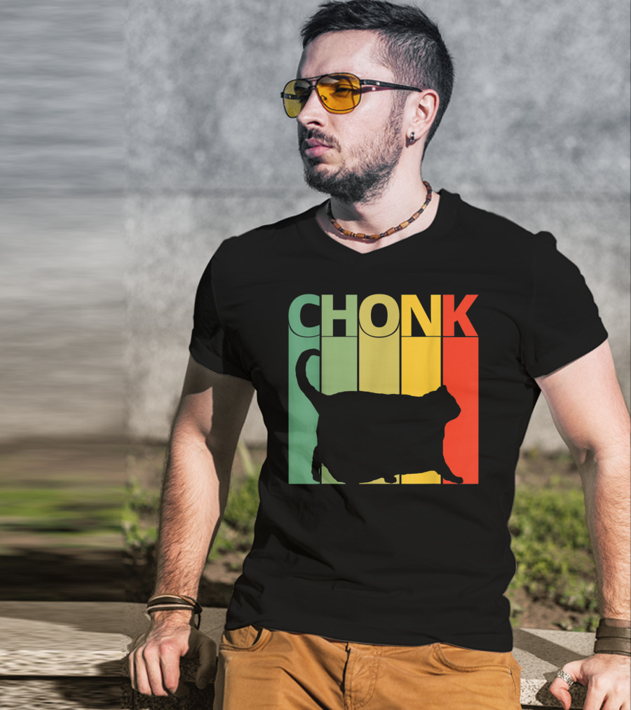 Chonk Cat Meme Funny Big Chungus Retro Stripes T-Shirt