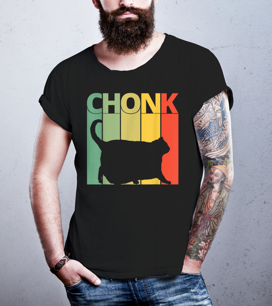 Chonk Cat Meme Funny Big Chungus Retro Stripes T-Shirt