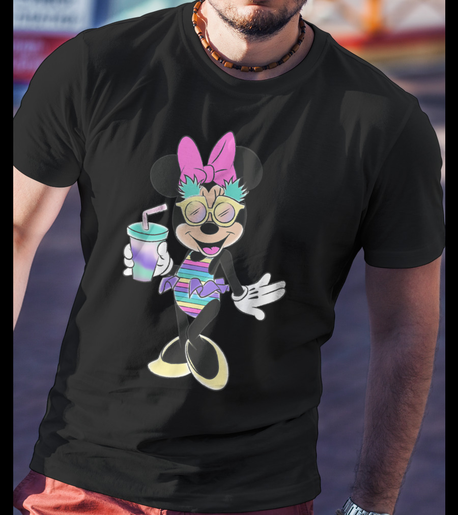 Disney Minnie Mouse Striped Swimsuit With Unicorn Colors And Pineapple Sunglasses T-Shirt