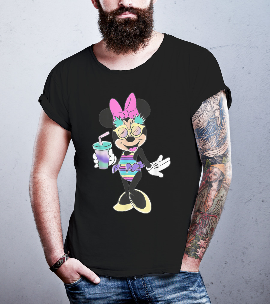 Disney Minnie Mouse Striped Swimsuit With Unicorn Colors And Pineapple Sunglasses T-Shirt