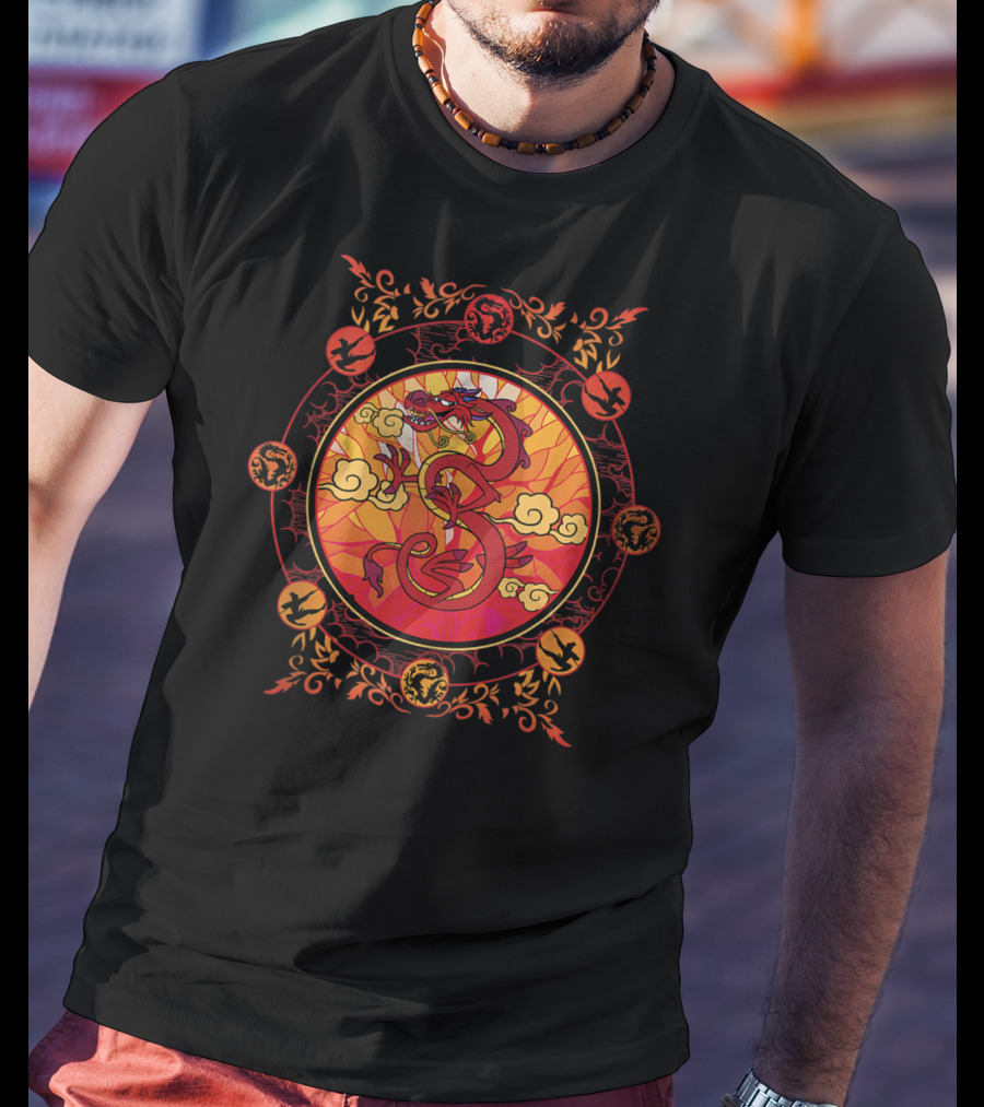 Disney Mulan Mushu Stained Glass Style Circle With Ornate Red And Orange Details T-Shirt