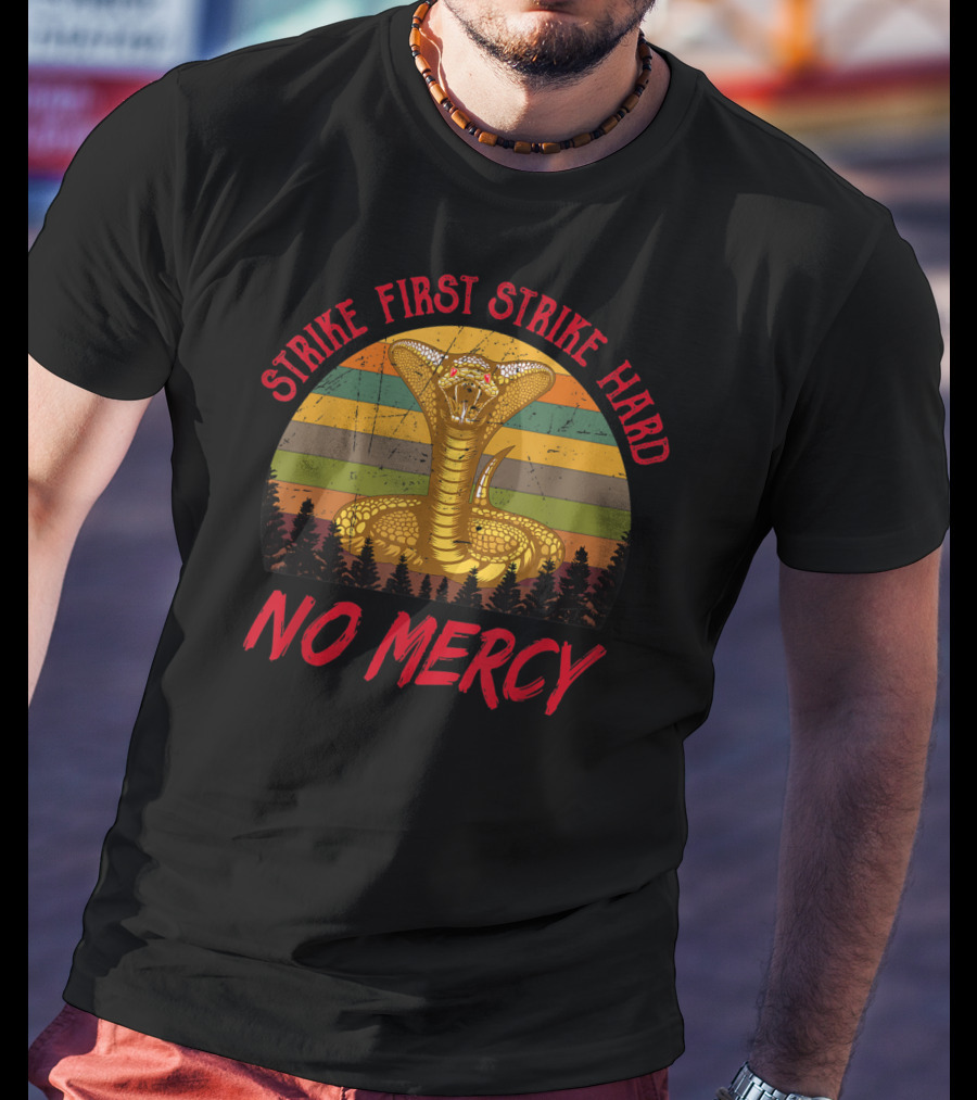 Strike First Strike Hard No Mercy Cobra Retro Stripes T-Shirt
