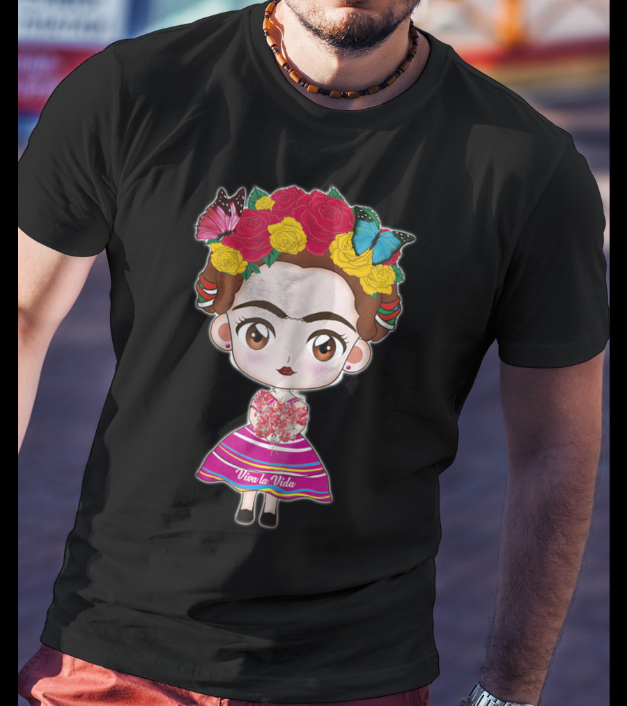 Viva Mexico Viva La Vida Mexican Frida With Flower Crown And Butterflies T-Shirt