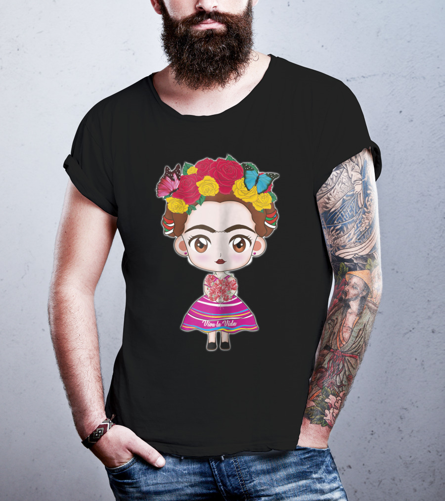Viva Mexico Viva La Vida Mexican Frida With Flower Crown And Butterflies T-Shirt