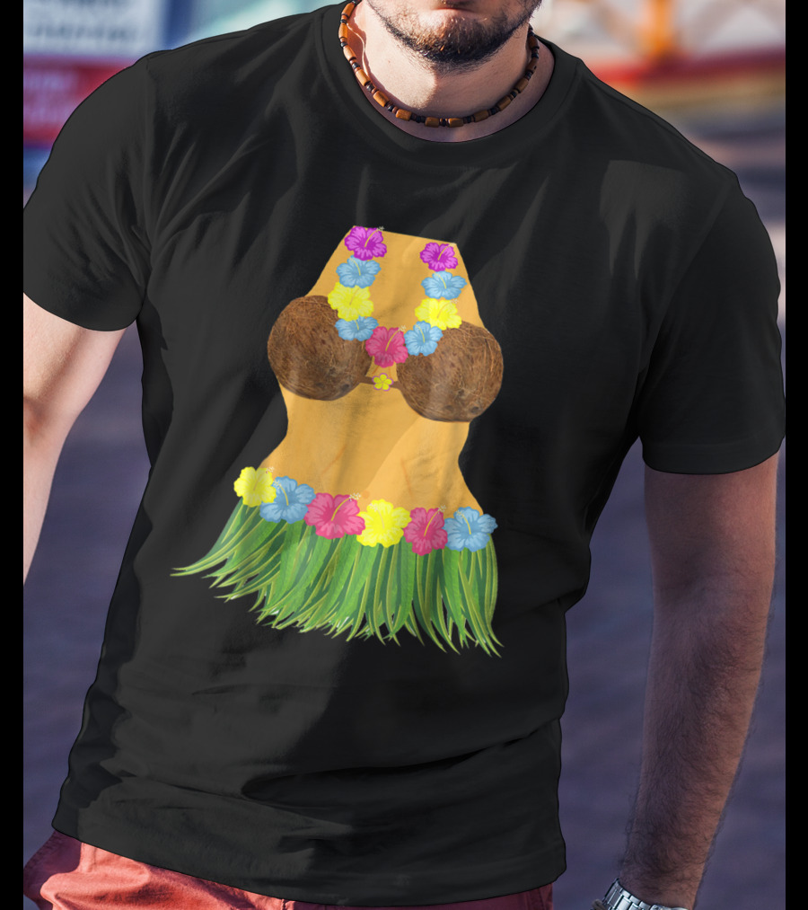 Coconut Bra Grass Skirt Lei Flowers Summer Tropical T-Shirt