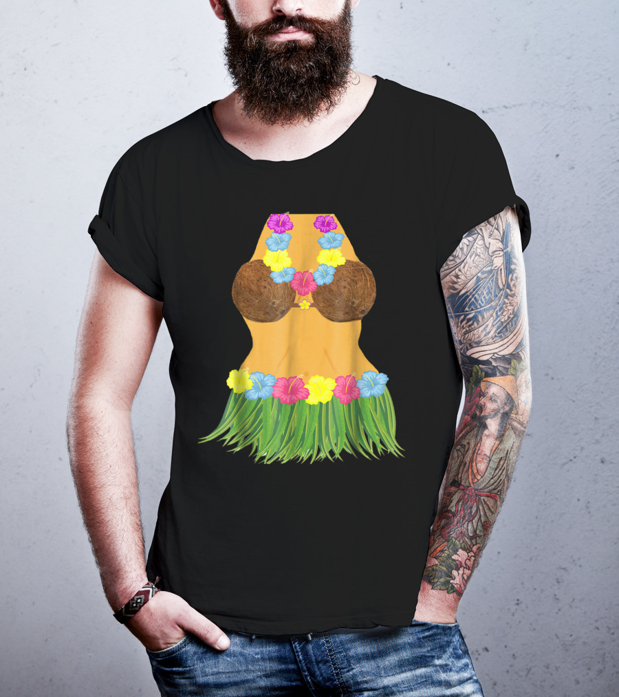 Coconut Bra Grass Skirt Lei Flowers Summer Tropical T-Shirt