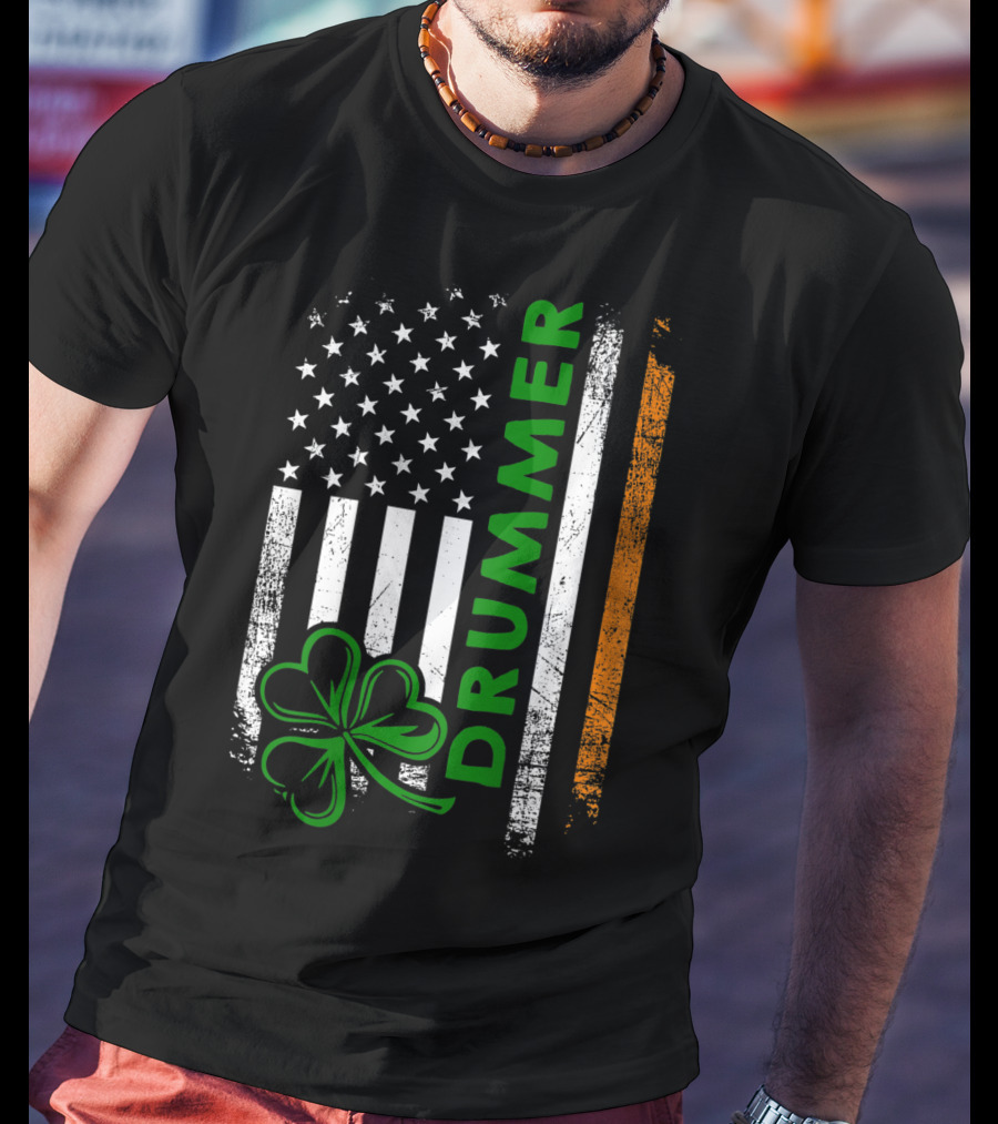 Drummer American Flag Shamrock Irish Drummer T-Shirt
