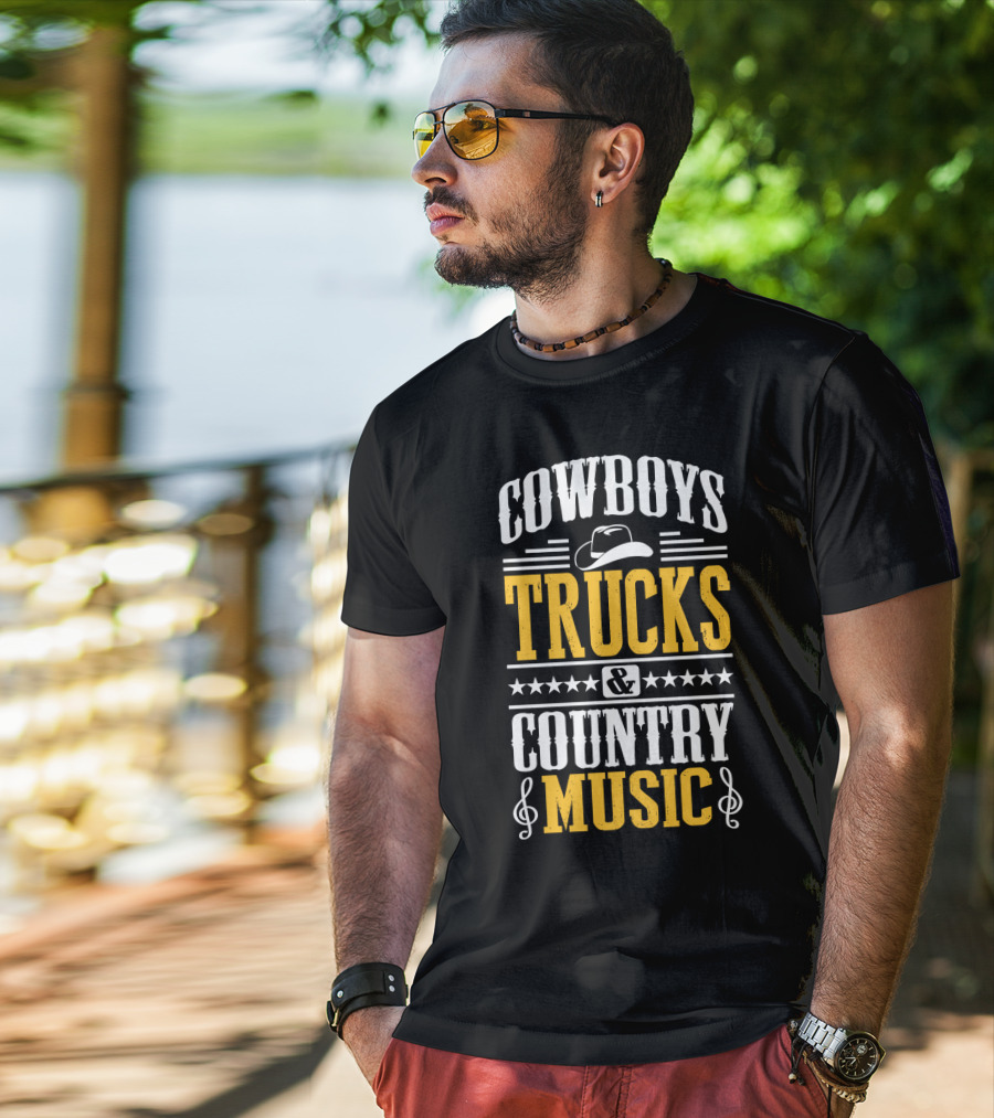 Cowboys Trucks And Country Music With Stars And Musical Notes T-Shirt