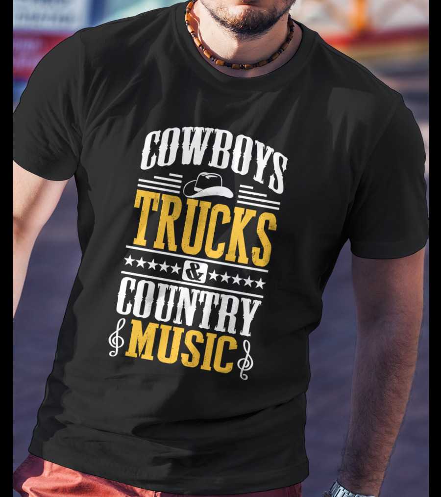 Cowboys Trucks And Country Music With Stars And Musical Notes T-Shirt