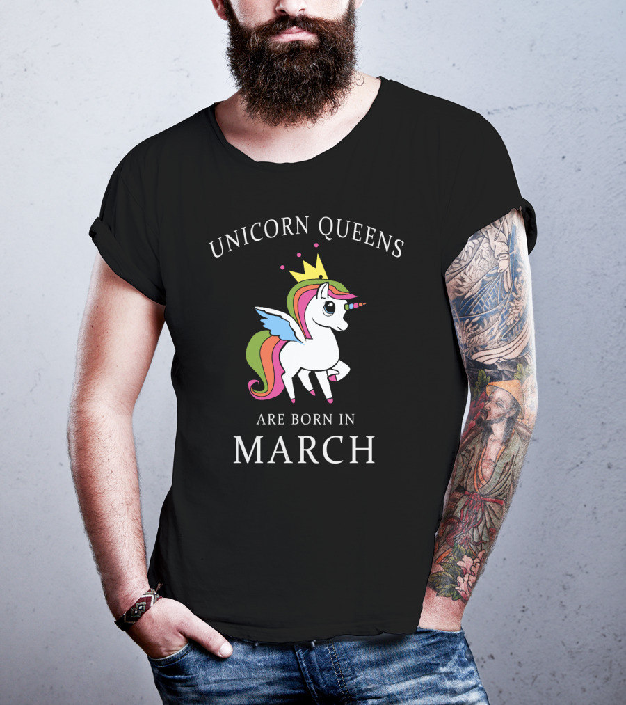 Unicorn Queens With Crown And Wings Are Born In March T-Shirt