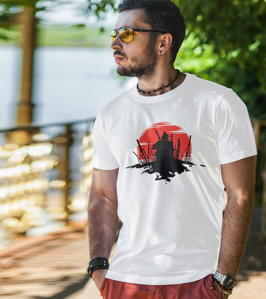 The End Of The Battle Samurai Silhouette Against Red Sun Rising T-Shirt