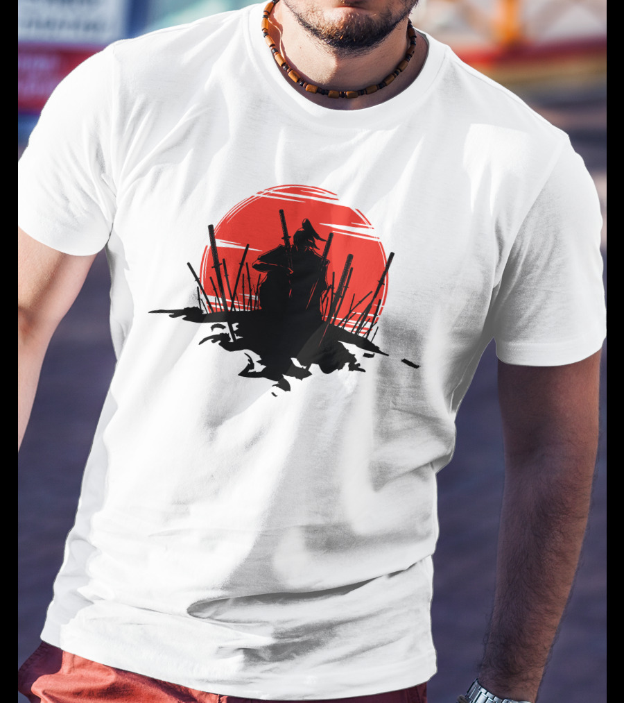 The End Of The Battle Samurai Silhouette Against Red Sun Rising T-Shirt