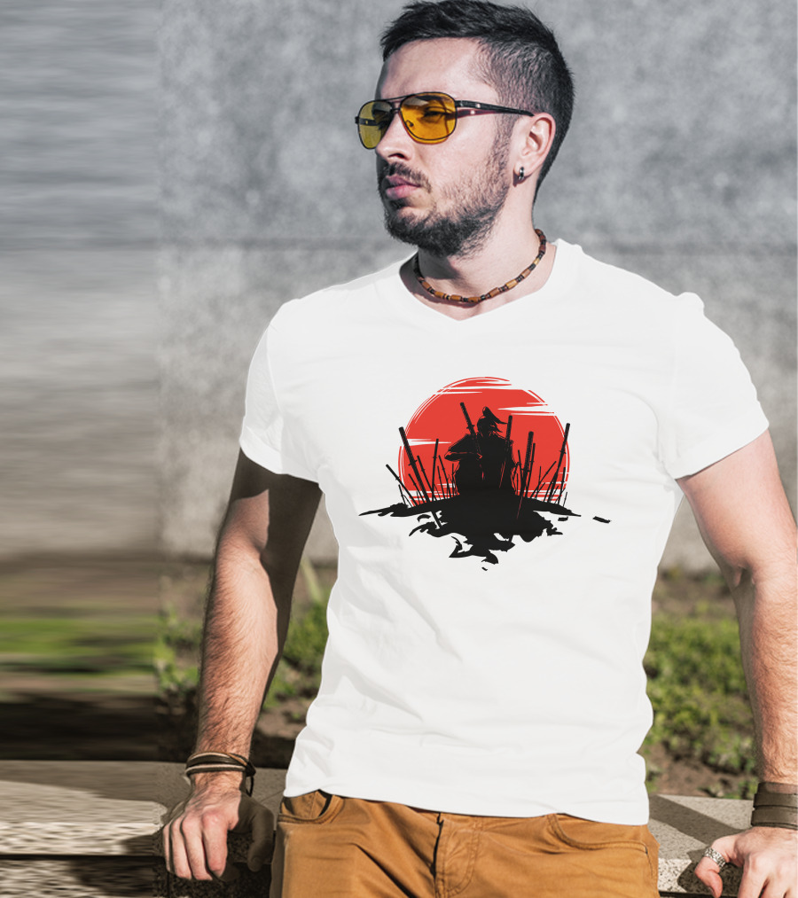The End Of The Battle Samurai Silhouette Against Red Sun Rising T-Shirt