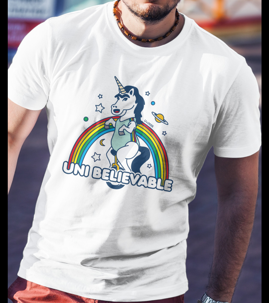 UNI BELIEVABLE Rainbow Unicorn Unicycle Planet Stars U+2605 T-Shirt