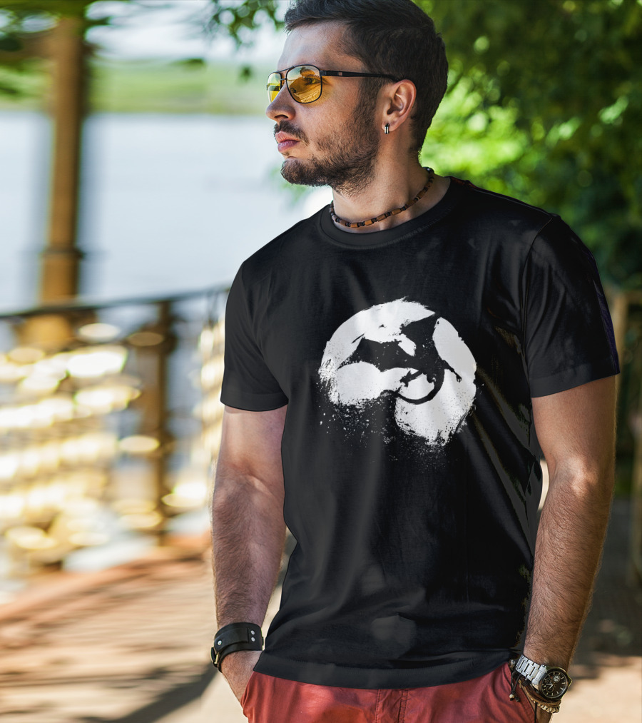 Midnight Desolation Dragon Silhouette In Full Moon T-Shirt