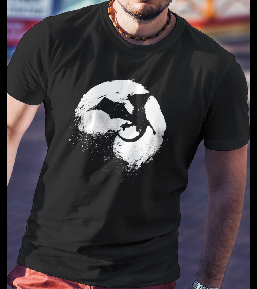 Midnight Desolation Dragon Silhouette In Full Moon T-Shirt