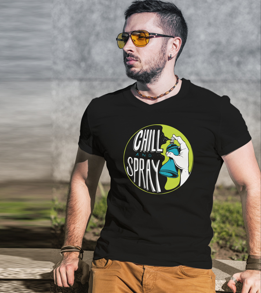 CHILL AND SPRAY Hand Holding Blue Can T-Shirt