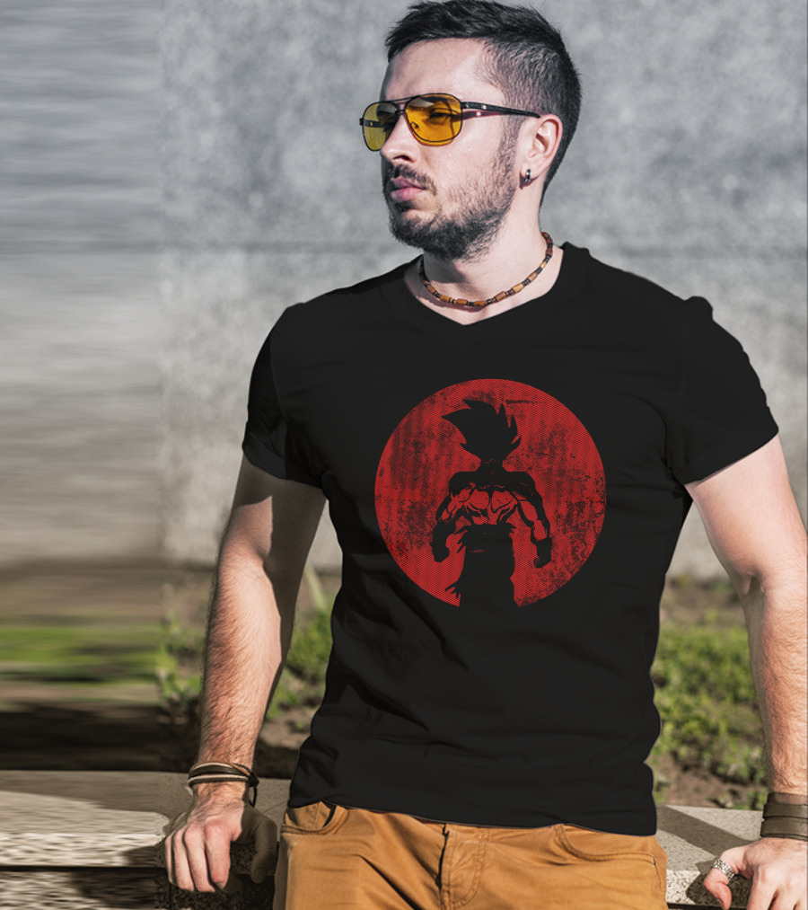 Crimson Saiyan Silhouette Against Red Moon T-Shirt