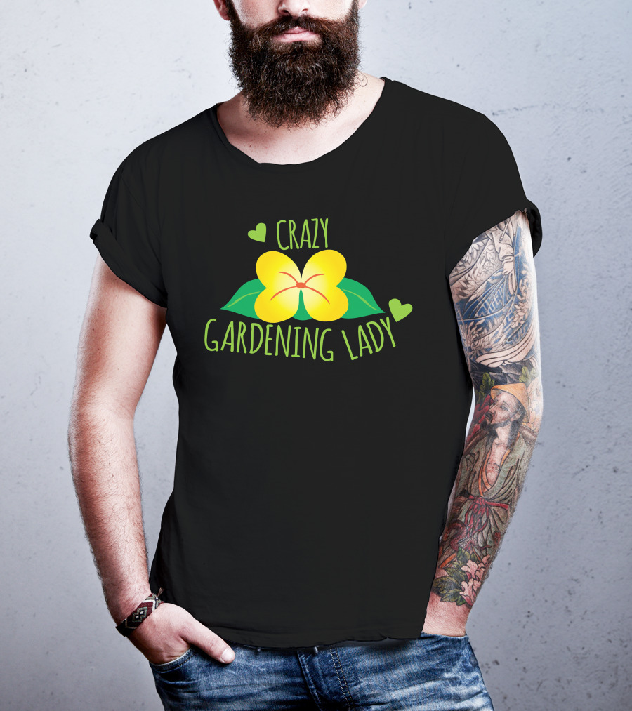 Crazy Gardening Lady Yellow Flower And Green Hearts T-Shirt
