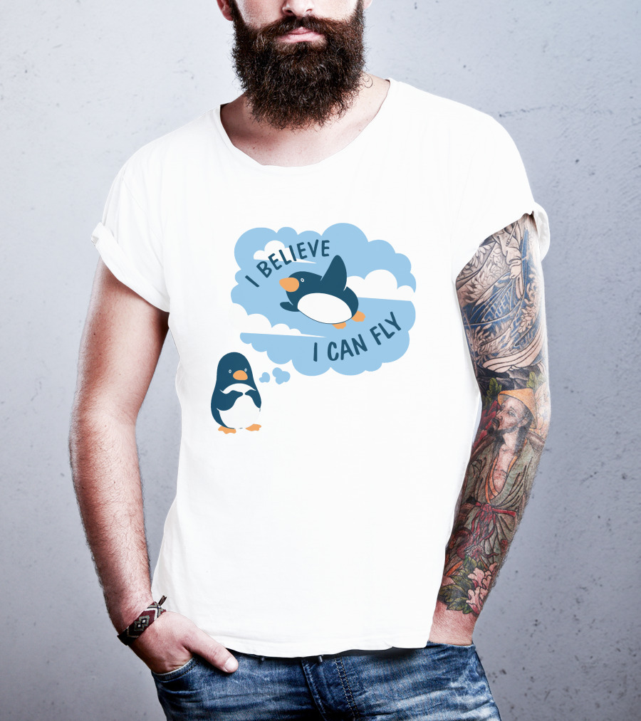 I Believe I Can Fly Penguin Dreaming Clouds T-Shirt