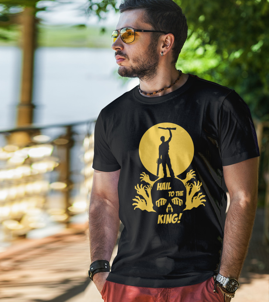 Hail To The King Skeleton Moon Chainsaw Hero With Zombie Hands T-Shirt