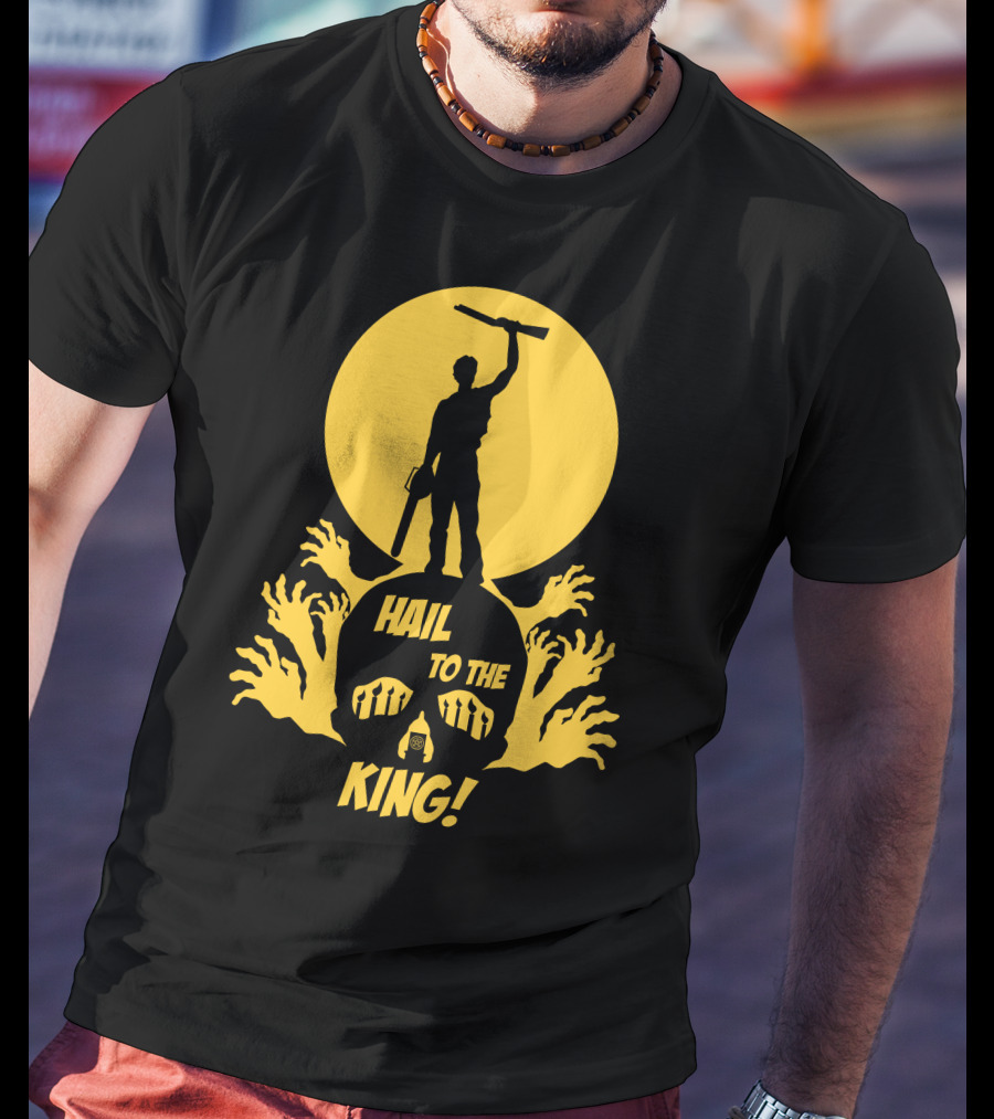 Hail To The King Skeleton Moon Chainsaw Hero With Zombie Hands T-Shirt