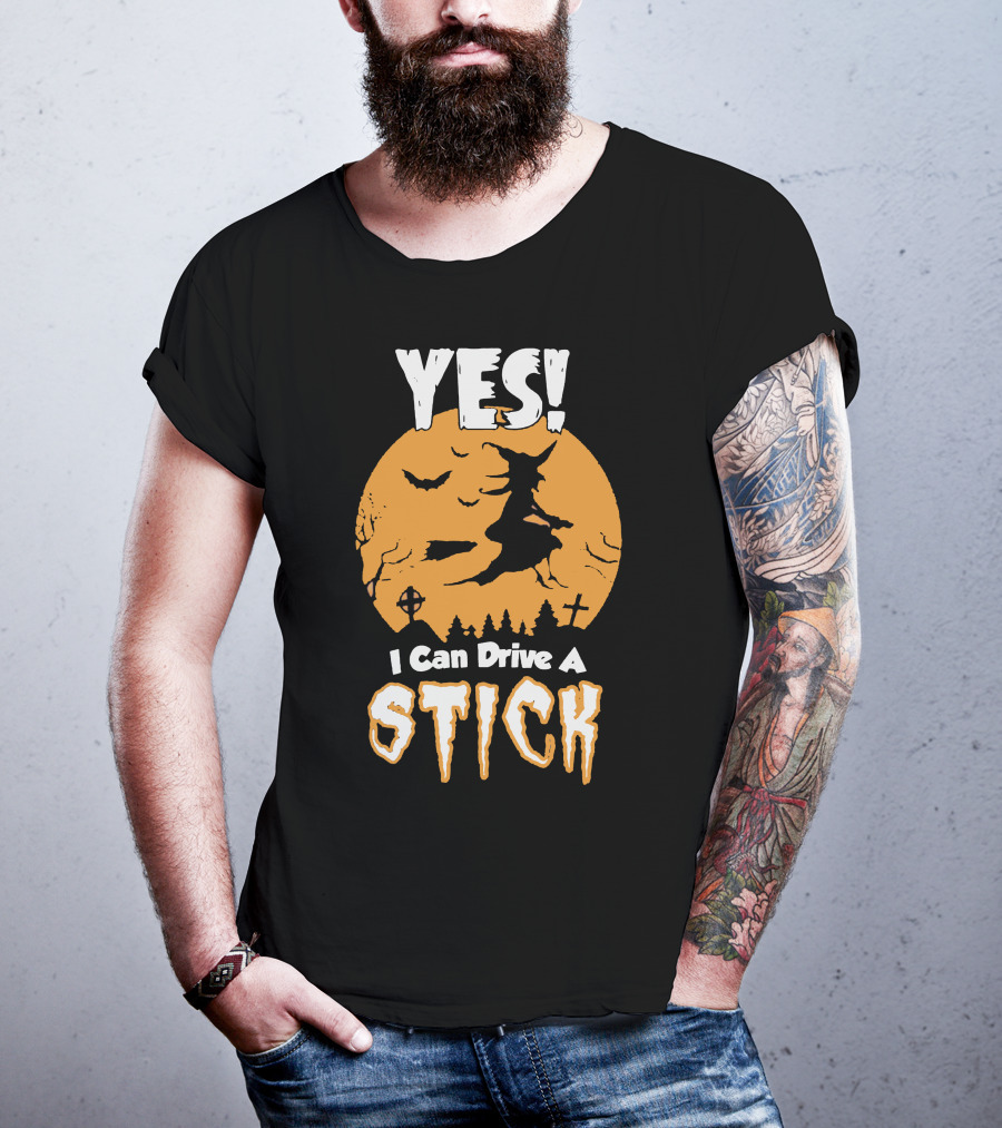 YES I Can Drive A Stick Halloween Witch With Bats And Crosses T-Shirt