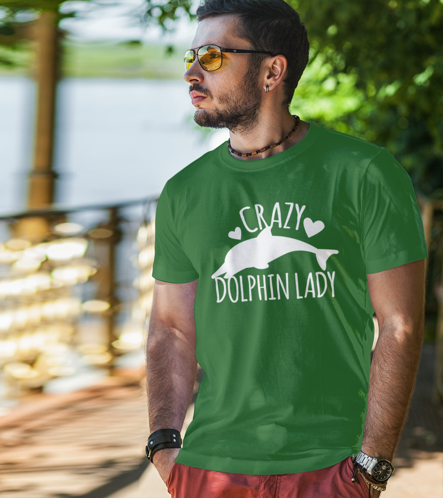 CRAZY DOLPHIN LADY Hearts And Dolphin Silhouette On Green T-Shirt