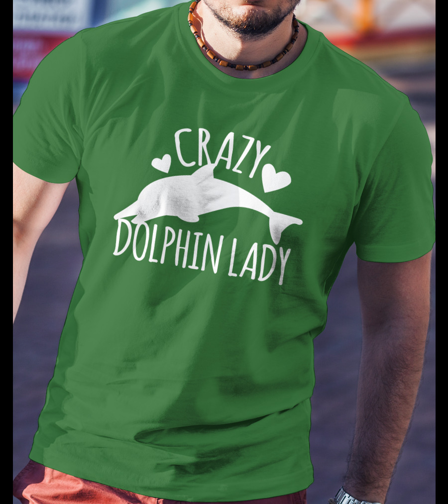 CRAZY DOLPHIN LADY Hearts And Dolphin Silhouette On Green T-Shirt