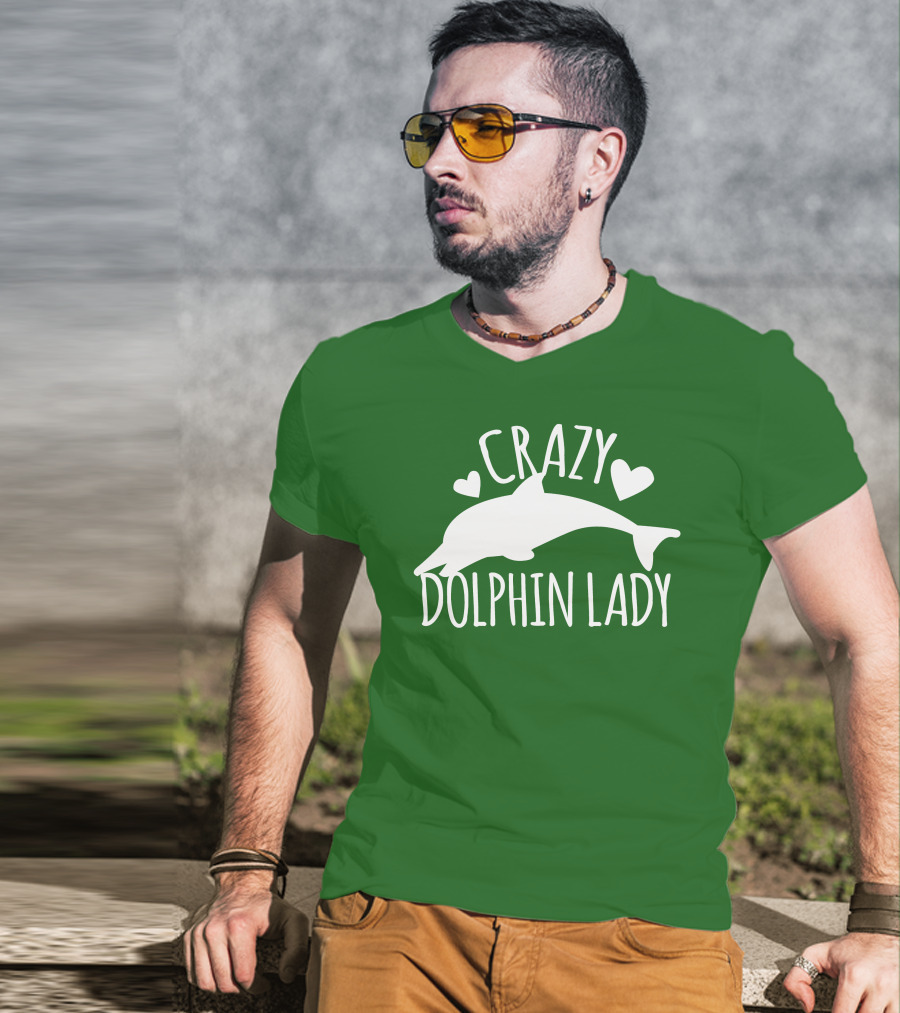 CRAZY DOLPHIN LADY Hearts And Dolphin Silhouette On Green T-Shirt