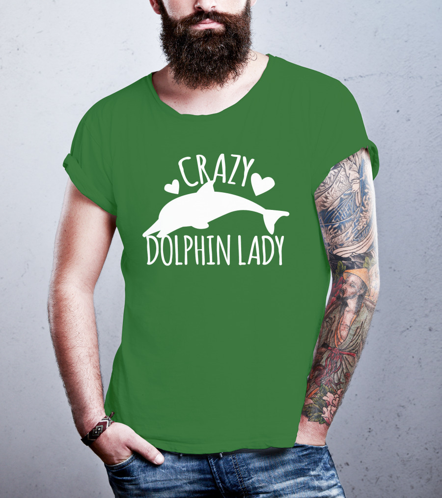 CRAZY DOLPHIN LADY Hearts And Dolphin Silhouette On Green T-Shirt