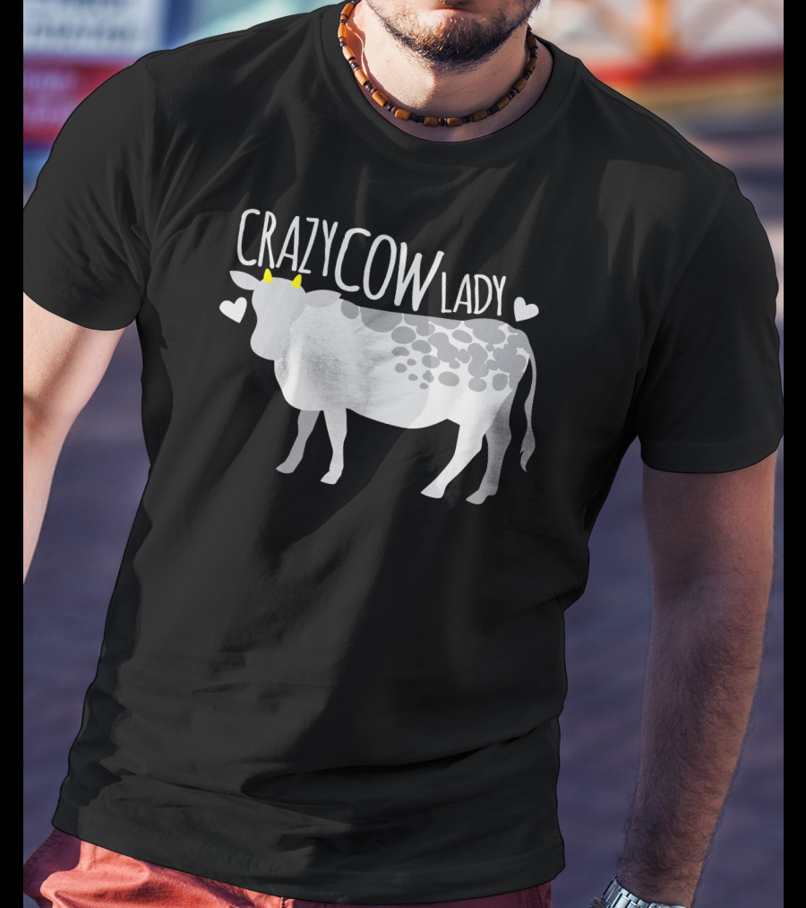CRAZY COW LADY Hearts And Cartoon Cow T-Shirt