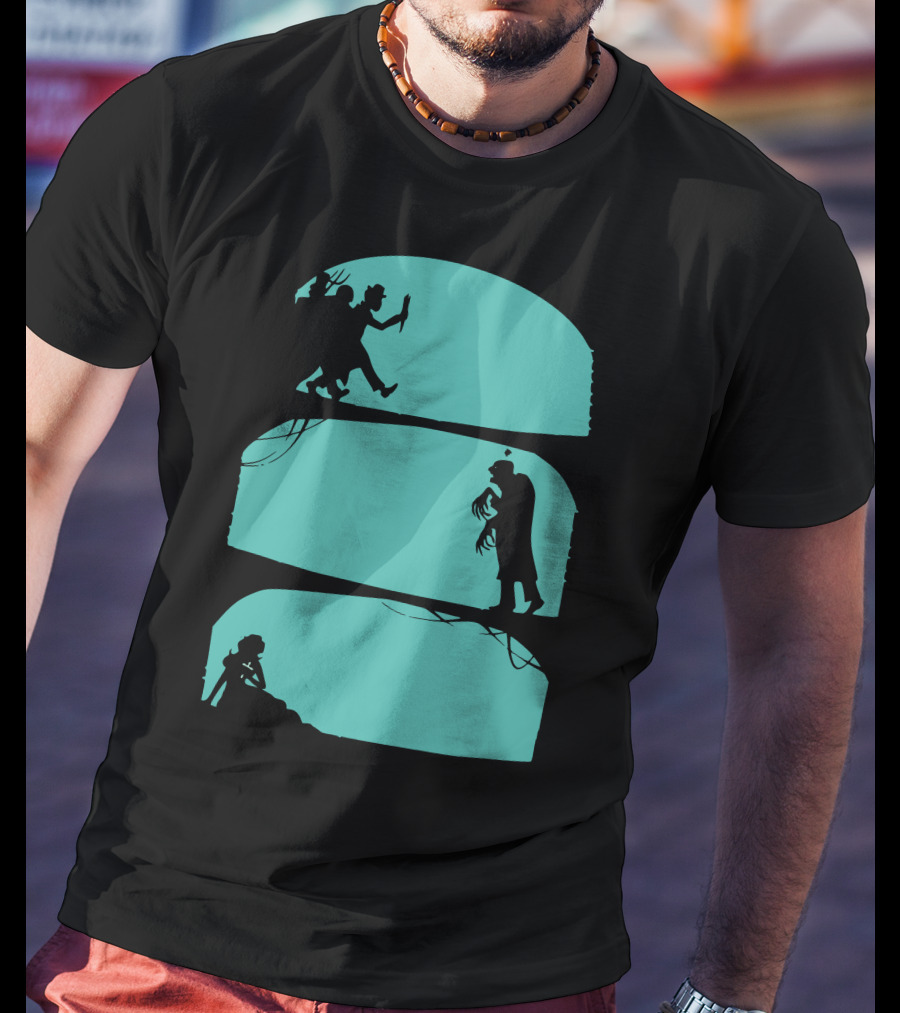 Hunt The Zombie Silhouette Chase With Weapon, Creeping Figure, And Hiding Woman T-Shirt
