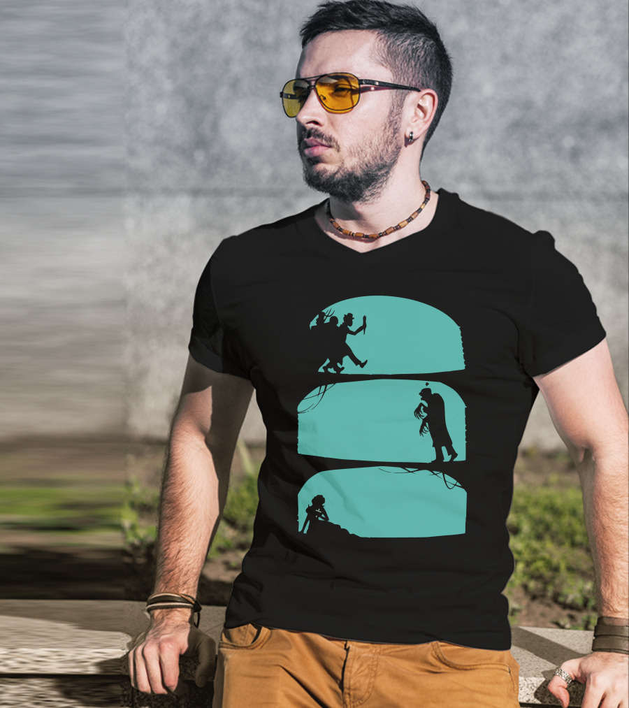 Hunt The Zombie Silhouette Chase With Weapon, Creeping Figure, And Hiding Woman T-Shirt