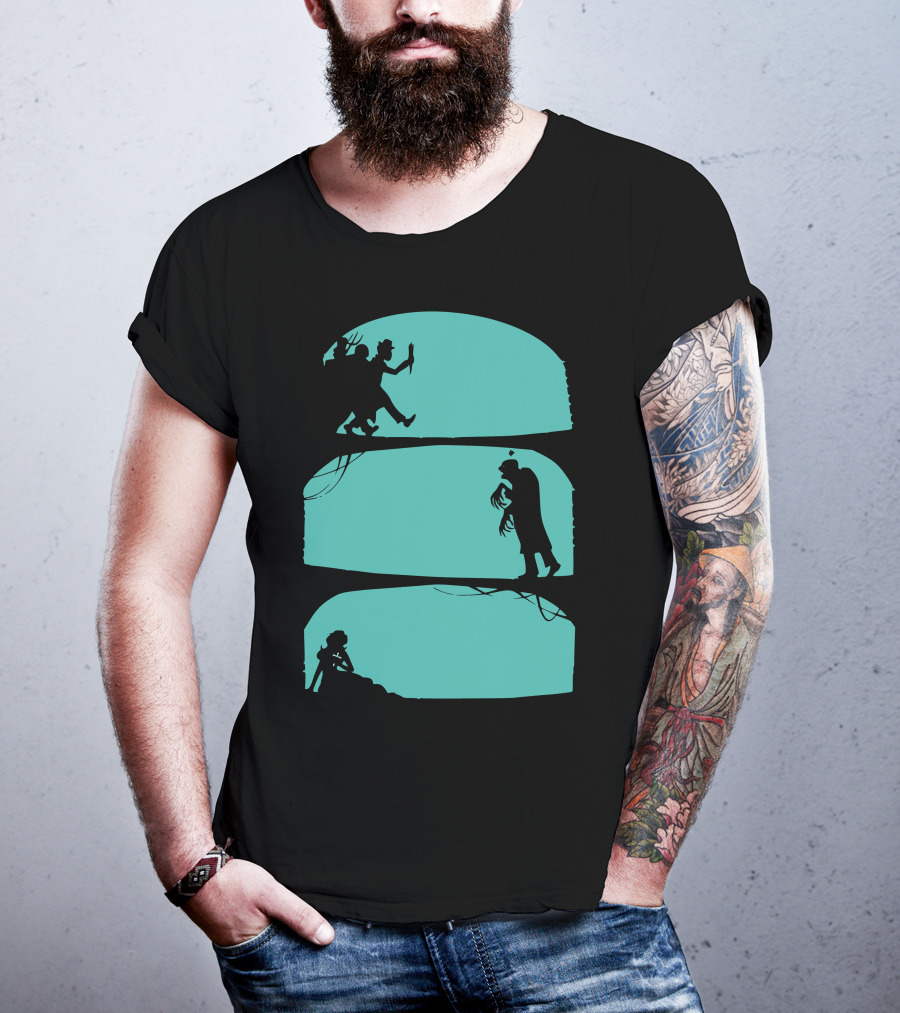 Hunt The Zombie Silhouette Chase With Weapon, Creeping Figure, And Hiding Woman T-Shirt