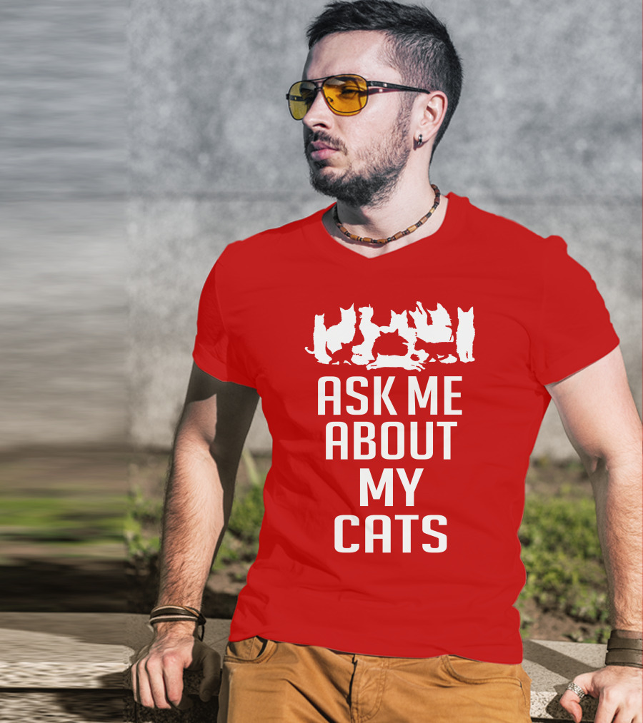 Ask Me About My Cats With White Silhouette Cats T-Shirt