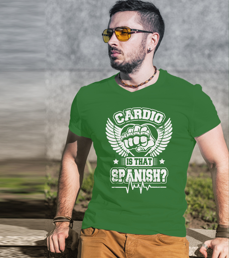 Cardio Is That Spanish Bold Fist And Wings With Heartbeat Line T-Shirt