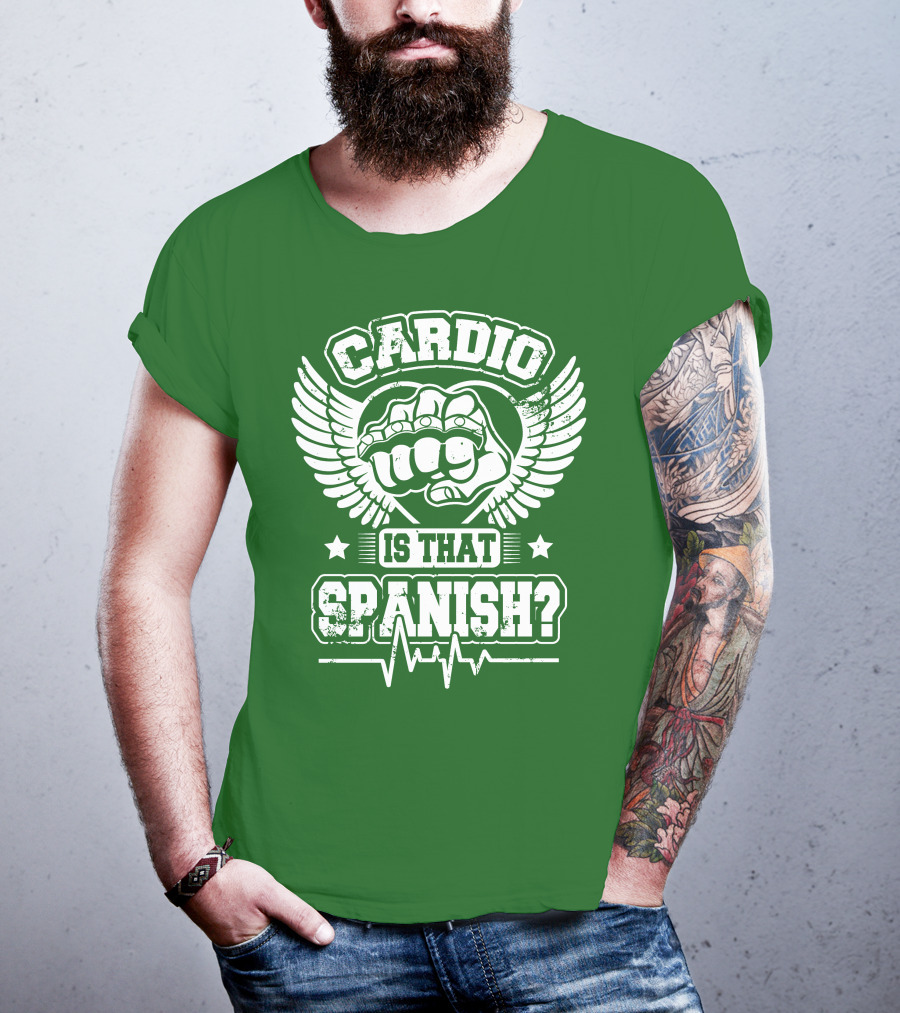 Cardio Is That Spanish Bold Fist And Wings With Heartbeat Line T-Shirt