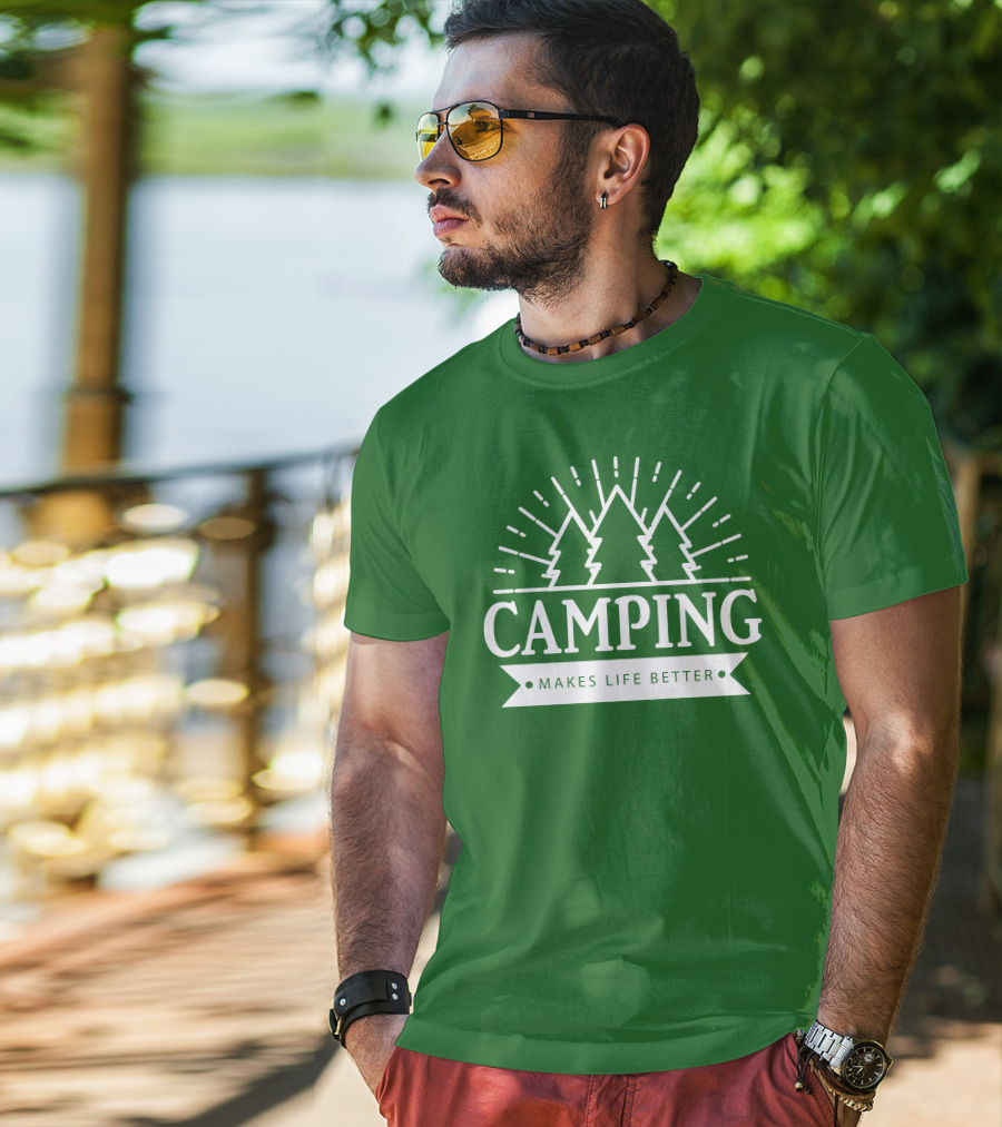 Camping Makes Life Better With Forest Trees And Radiant Sunburst T-Shirt