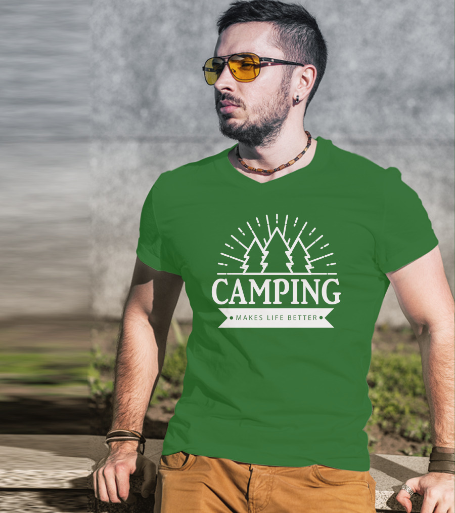 Camping Makes Life Better With Forest Trees And Radiant Sunburst T-Shirt