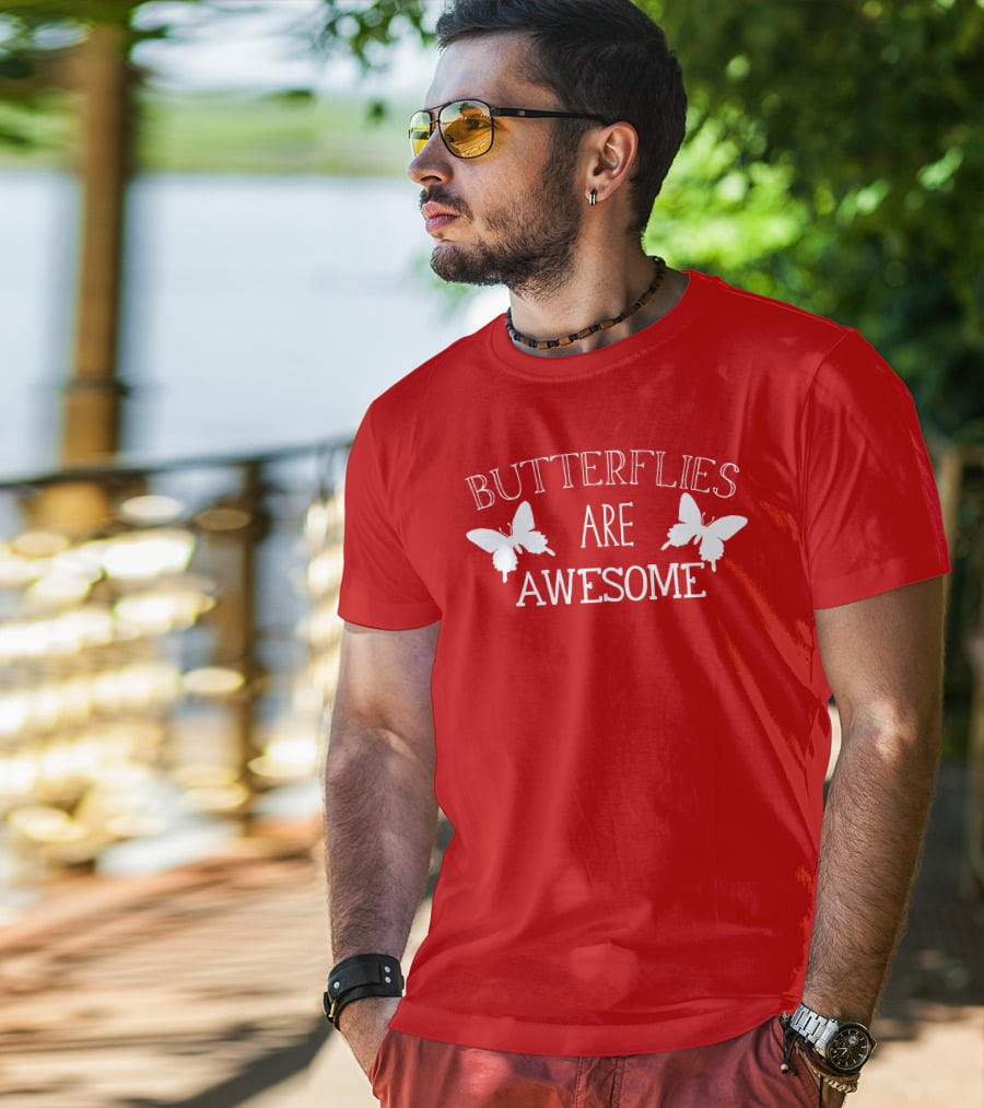 Butterflies Are Awesome Bold Text With Butterfly Silhouettes On Red T-Shirt