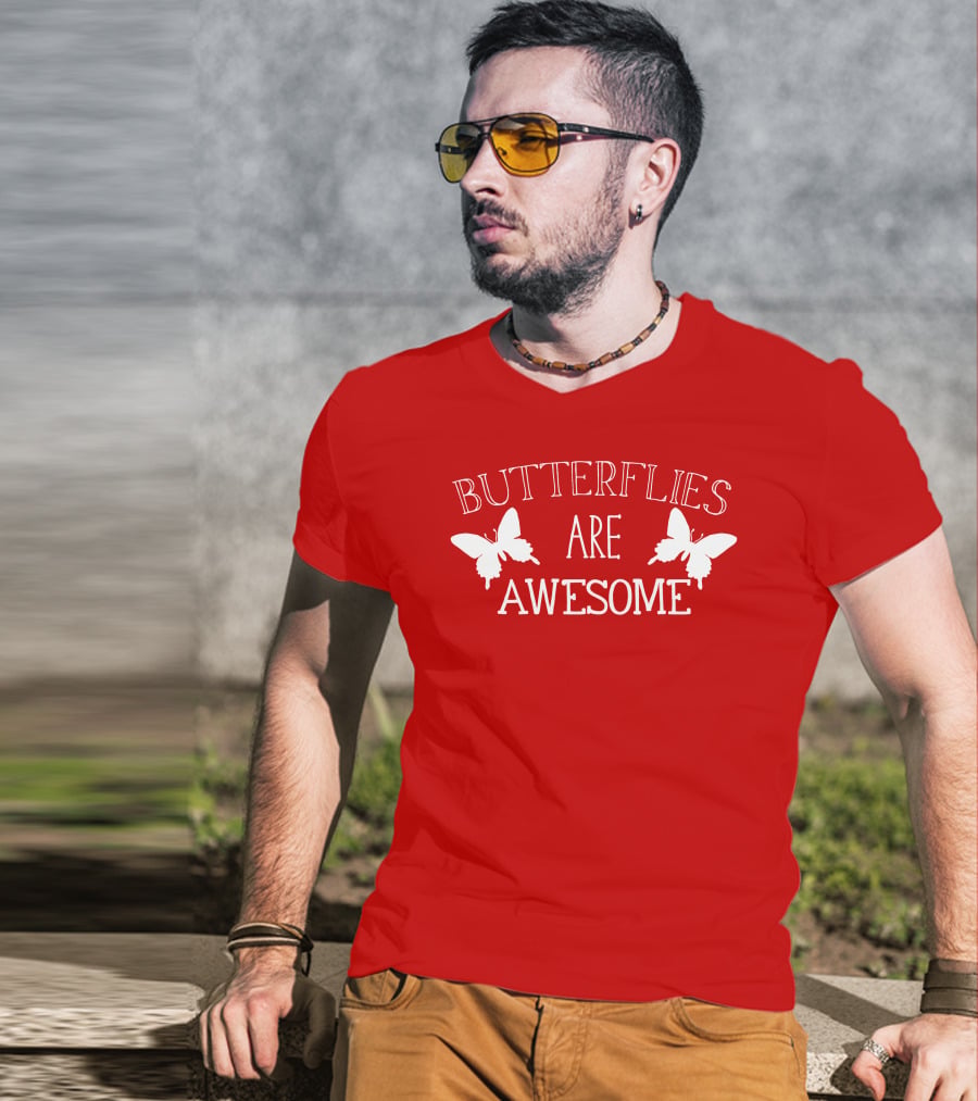 Butterflies Are Awesome Bold Text With Butterfly Silhouettes On Red T-Shirt