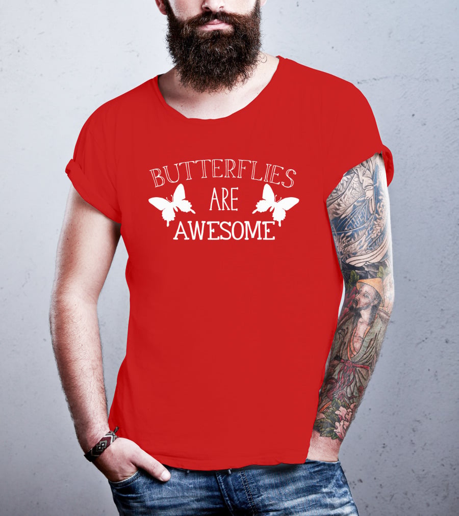 Butterflies Are Awesome Bold Text With Butterfly Silhouettes On Red T-Shirt