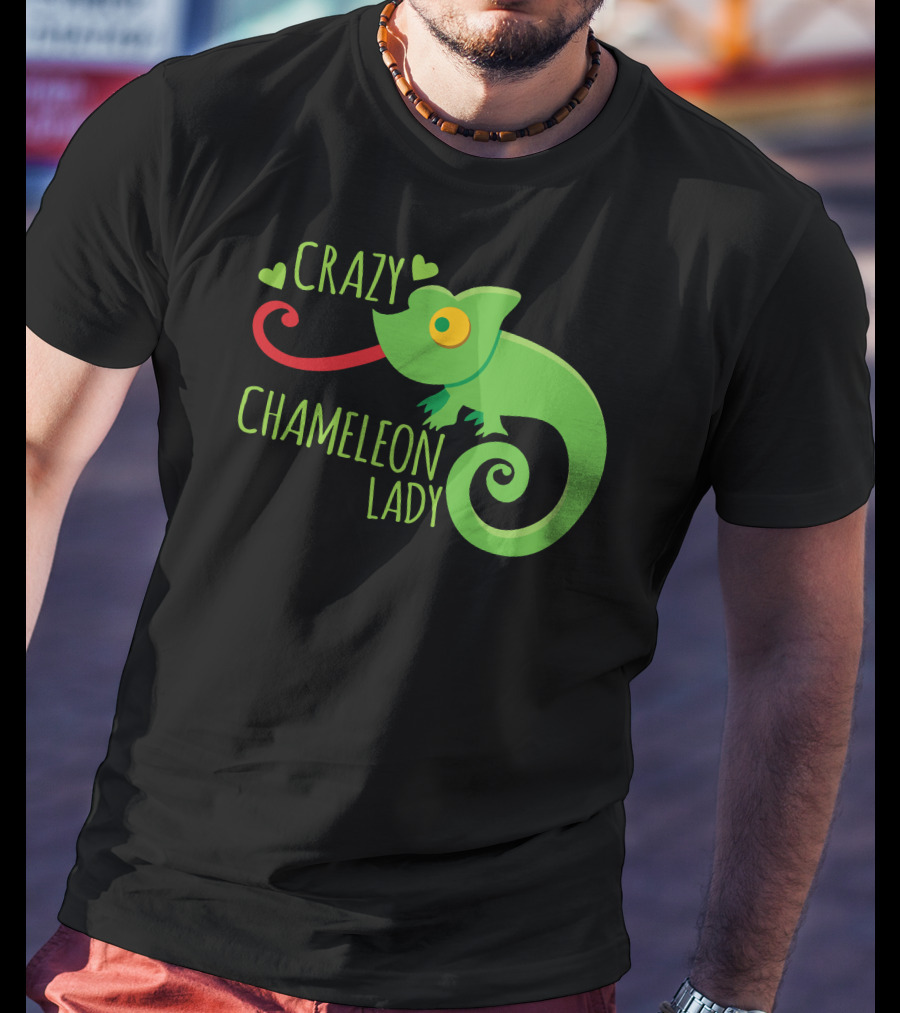 CRAZY CHAMELEON LADY Green Cartoon With Hearts T-Shirt